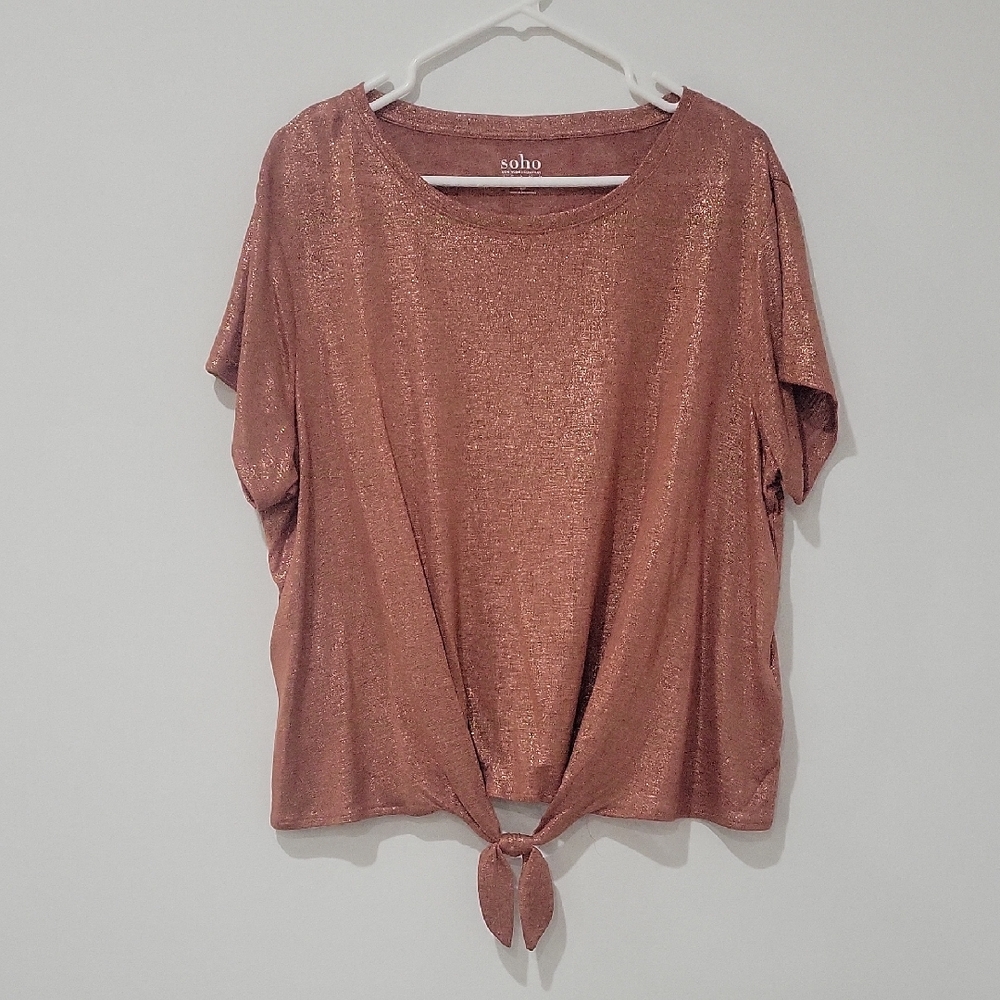 New York & Company Shimmering Copper Tie-Front Tee